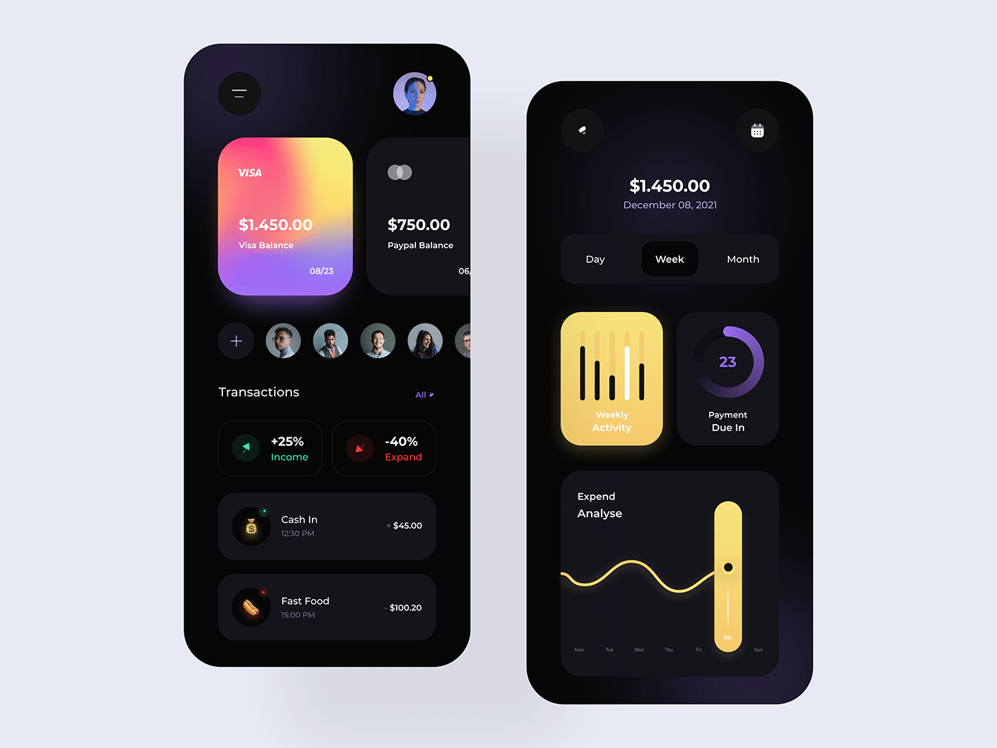 Interface de aplicativo financeiro com cartões, transações e gráficos em estilo neumorphism